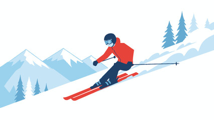 Dynamic illustration of a skier gracefully descending a snow-covered mountain slope, showcasing the thrill of winter sports amidst picturesque alpine scenery and towering peaks