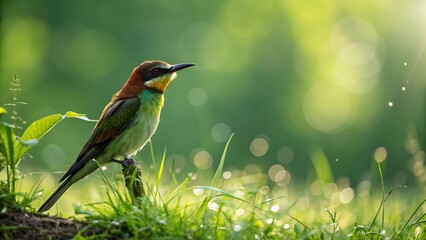 Colorful european bee eater bird perched low on tiny stump amidst bright green grass field during sunny morning with beautiful bokeh effect