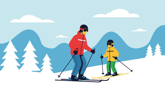 Father and child enjoy skiing together on a snowy mountain with pine trees and clouds, capturing the spirit of winter family recreation and outdoor adventure