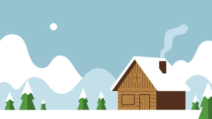 Cozy wooden cabin nestled in a serene snowy mountain landscape, depicting a peaceful winter retreat with evergreen trees and soft rolling hills
