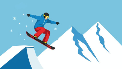 Dynamic illustration of a snowboarder mid-air, performing an exciting jump over a snowy mountain landscape, showcasing the thrill and adventure of winter sports and extreme recreation © coba