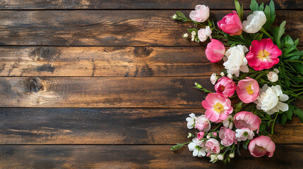 Bouquet of Pink and White Flowers with Wooden Wall Background. A vibrant floral arrangement ideal for web design and promotional materials in floral and celebration themes.