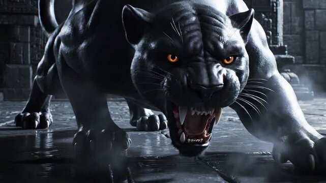 Aggressive Stylized Black Panther Prowling Across Textured Stone Tile Surface with Fierce Angry Expression and Sleek Dark Fur Stalking in Cinematic Lighting