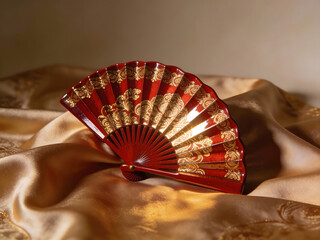 vintage decorative hand fan resting on luxurious textile for cultural design