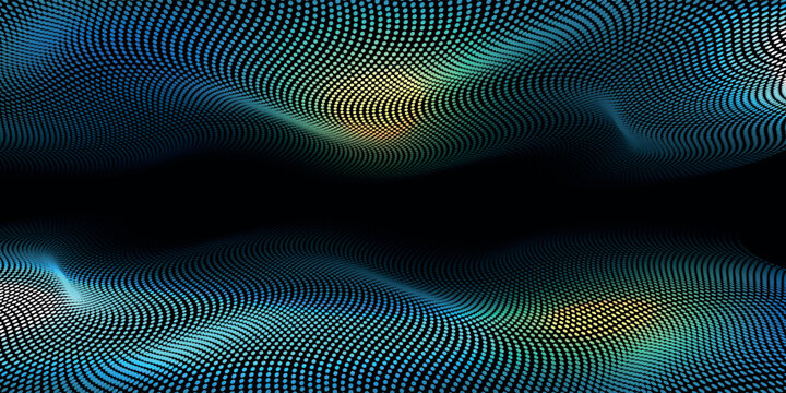 premium blue dynamic circle grid particle wave flowing in blue cyberspace. modern design background