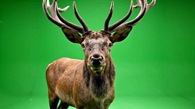 Majestic adult male buck deer with impressive antlers standing gracefully in a professional green screen studio background for visual effects and cinematic wildlife compositing production.