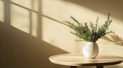 Sunlit Minimal Table Decor With White Vase And Greenery In Warm Home Setting. A serene, sunlit tabletop scene featuring a simple white vase with fresh greenery on a round wood table