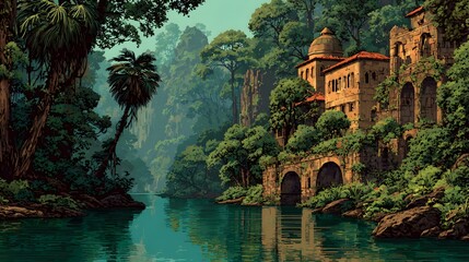 Ancient stone ruins nestled in a lush tropical jungle beside a calm river. Detailed architectural remains reflecting in green water at dusk.