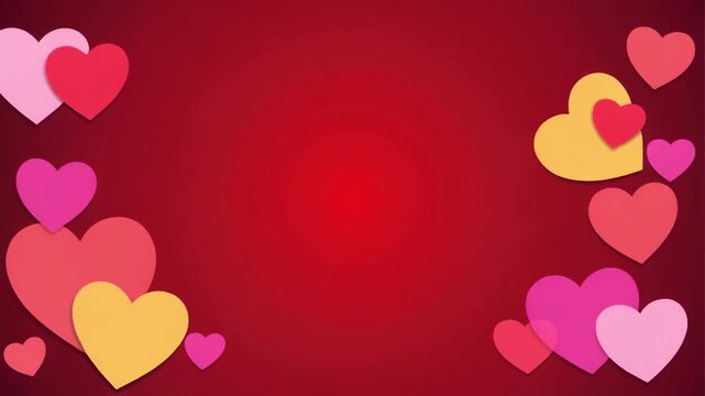 Colorful hearts floating on a red gradient background with white space for text, ideal for Valentine's Day or love-themed designs