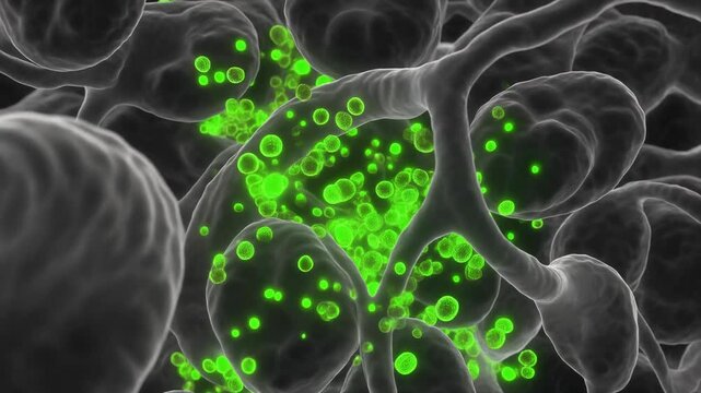 Microscopic view of green particles interacting with biological structures.