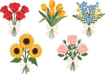 Flower bouquet vector illustration set, roses tulips sunflowers wildflowers, flat romantic floral arrangements for gifts weddings branding design