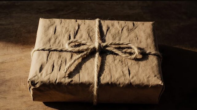 Rustic gifts in brown paper with string in studio, presenting presents