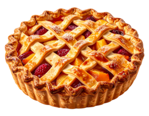  Ultra-realistic baked fruit pie with lattice crust, golden brown texture, high detail food photography, isolated on pure white background. 