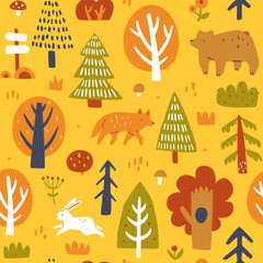 Obraz premium Autumn forest pattern with animals. Seamless doodle fall woodland print.