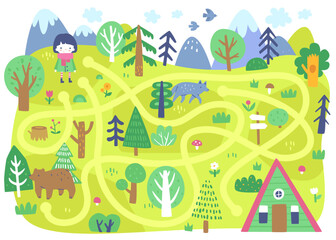 Doodle forest maze. Cartoon woodland labyrinth for kids.