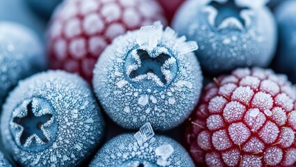 Frozen blueberries and raspberries covered in ice crystals close up, frosty berries in a cold temperature environment, perfect for food and dessert concepts with frozen fruit