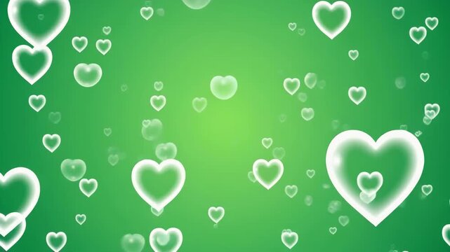 Glowing hearts float on green background for Valentine's Day or love-themed greeting card