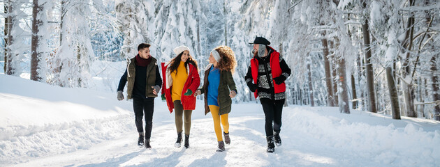 Friends walking through winter forest in snowy landscape.