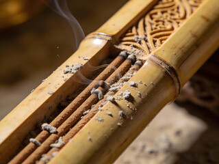 closeup of burning incense sticks in carved wooden holder with ash and smoke