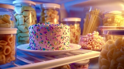 Colorful cake with sprinkles in a refrigerator amongst pasta jars