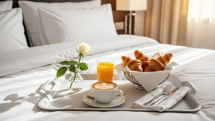 Fancy breakfast in tray on bed, hotel breakfast setup with breakfast in bed and luxury hotel room for hospitality marketing, travel brochure template, lifestyle content