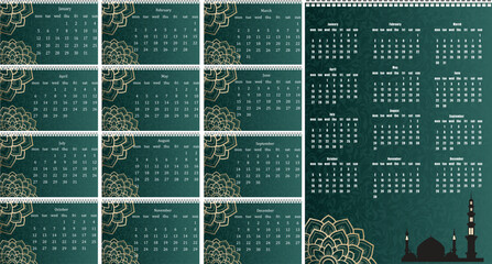 A collection of twelve monthly Islamic theme calendar pages for the year 2026, Full months for wall calendar