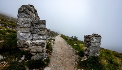 Mountain trail passes through ancient stone ruins shrouded in fog, creating a mystical atmosphere on a hike