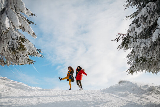 Two female friends walking in winter forest during holidays