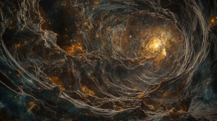 Abstract visualization of cosmic nebula with glowing stars and dark swirling matter