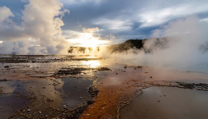 Dramatic sunset over a steaming geothermal landscape, showcasing vibrant hot springs, mineral formations, and atmospheric vapor