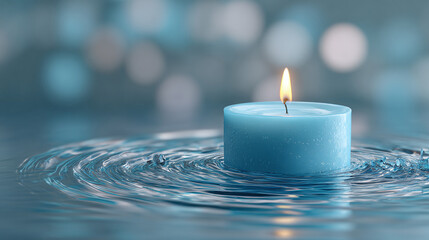 A tranquil candle floating on the surface of water, creating a serene and reflective atmosphere