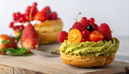 Delicious pastry tartlets topped with fresh berries and cream.