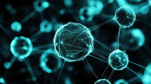Abstract visualization of interconnected glowing spheres representing a scientific network and biological molecules - Powered by Adobe