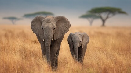 Fototapeta premium Adult elephant and calf walk towards camera in tall dry grass, trees in background