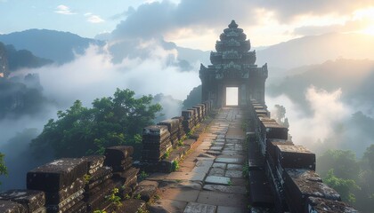 Golden dawn over an ancient gateway, its historic stone path leading through breathtaking misty mountains and swirling clouds, a majestic vista of tranquil exploration
