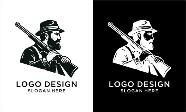 Vintage Hunter with Rifle Logo Design for Outdoor and Hunting Enthusiasts.