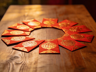 red envelope circle arrangement on wooden table for lunar new year celebration