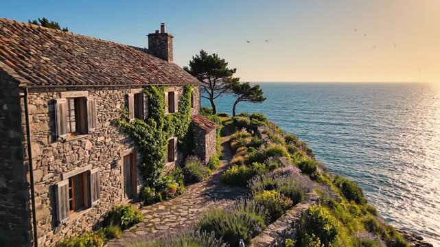 A secluded rustic stone house on a coastal island overlooking the ocean wave, providing an isolated retreat and a peaceful summer vacation destination.