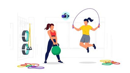 Two women exercising together with fitness equipment.