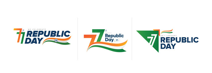 Fototapeta na wymiar Modern Republic Day typography logo set featuring 77th Republic Day with Indian tricolor wave and Ashoka Chakra elements, ideal for social media posts, web banners, branding, promotions, and print d