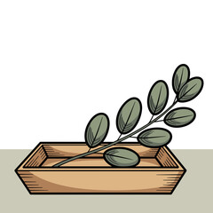 Eucalyptus branch on a wooden tray in a minimalist decor setting