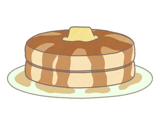 ホットケーキを2つ重ねてバターとシロップがかかっているイラスト　お皿付き
