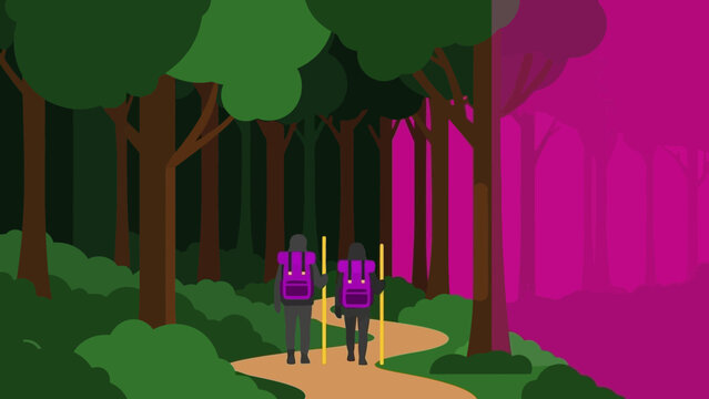 Two hikers with backpacks walking on a forest trail together. - Powered by Adobe