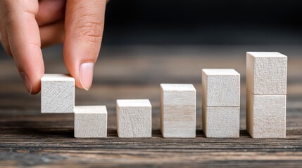 Hand places wooden block to build ascending bar chart structure on rustic surface