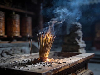 serene spiritual ritual with incense in warm light temple interior