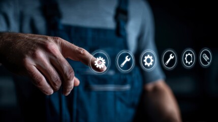 A person in work attire selecting a digital gear icon from a row of tool symbols. The finger touches the screen, starting a process