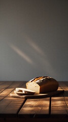 Freshly Baked Bread Loaf with Slices on a Rustic Wooden Table Baked Bread on a Rustic Wooden Dining