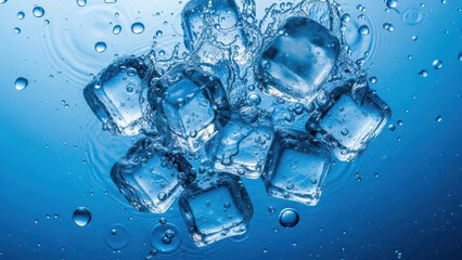 A close-up shot captures a cluster of ice cubes splashing in water with bubbles rising to the surface in a refreshing scene.