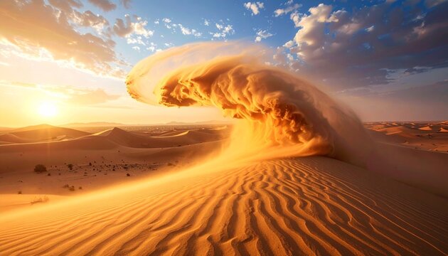 Dramatic sandstorm wave in desert landscape at sunset.