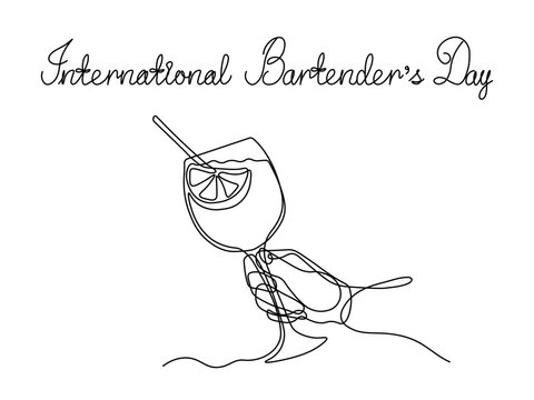 International Bartender's Day. Greeting card. Abstract hand with glass of Cocktail spritz aperol with straw, continuous single one line art hand drawing sketch logo on white background